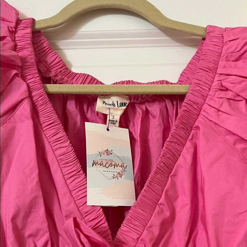 Peach Love California Bubble Hem Hot Pink Ruffle Tie-Front Mini Dress - Picture 3 of 12
